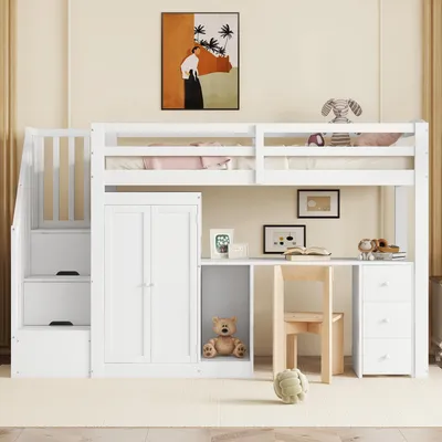 A white loft bed with a desk and wardrobe underneath, set up in a child's room.