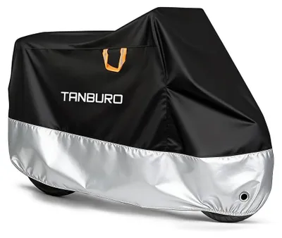 Produktbild von Motorradabdeckung wasserdicht mit UV-Schutz und Staubschutz für Offroad Motorrad Reiseenduro Straßenmotorrad Roller Outdoor Ganzgarage Schwarz + Silber L - 220 x 95 x 110 cm