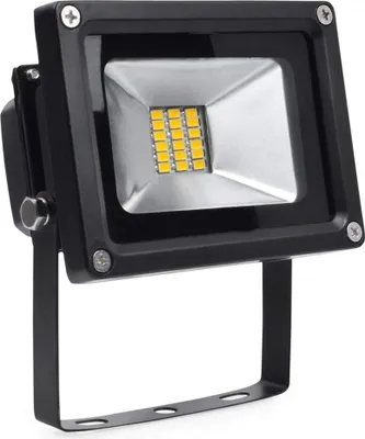 A black LED floodlight with a silver reflector and yellow LEDs.
