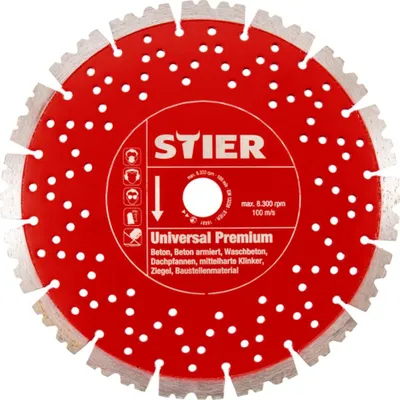 Produktbild von STIER vielseitige Diamanttrennscheibe Universal Premium, Durchmesser 125 mm, Bohrung 22,23 mm, spezielle Verzahnung für präzises Trennen von Beton und Ziegel