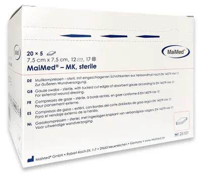 Produktbild von Sterile Mullkompressen 7,5x7,5 cm – 100 Stück, 12-lagig, fusselfrei
