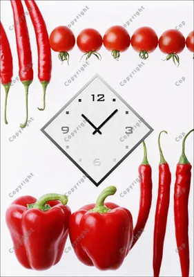 Immagine prodotto di Orologio da parete di design Dixtime, orologio da parete 30 cm x 40 cm, orologio da cucina elegante, rosso bianco, pomodoro paprika pepe 4182-0009