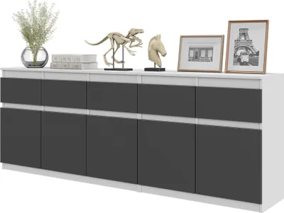 A white and dark gray sideboard with decorative items on top.
