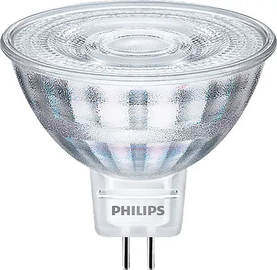 A close-up studio shot of a Philips LED spotlight bulb.