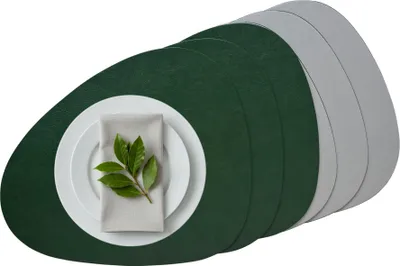 Produktbild von Platzset 6er Set abwaschbar, 2in1 Wende-Tischunterlage Kunstleder oval, Platzdeckchen 40x31cm Nierenform (grün/grau) 6er Set