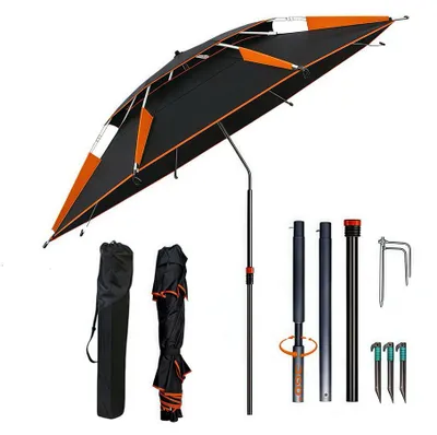 Produktbild von Sonnenschirm Ø 160 cm mit Bodenhülse, 360° drehbar, faltbar, mit Tragetasche, windfest und stabil, UV-Schutz 50+, mit Erdspieß, für Balkon, Garten, Terrasse und Strand