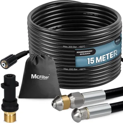 A coiled black pressure washer hose and accessories are displayed against a white background.