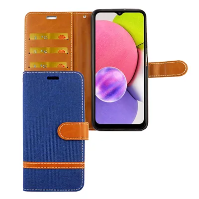 Productafbeelding van Samsung Galaxy A03s hoesje, telefoonhoesje, beschermende cover, flip-case met kaarthouder, kleur: jeansblauw