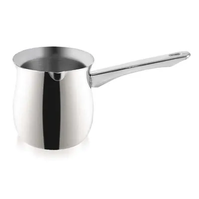 A stainless steel coffee pot with a handle, isolated on a white background.