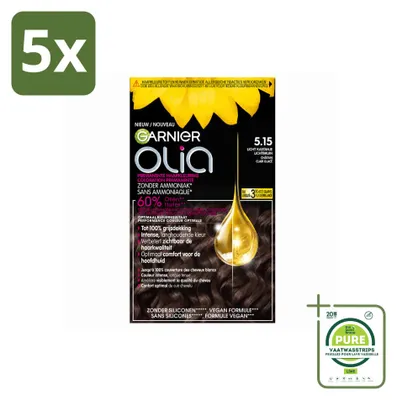 Imagen del producto de 5 tintes para el cabello Garnier Olia 5.15, color castaño claro, sin amoníaco, pack grande, 5 unidades