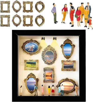 Produktbild von DIY Miniatur-Museum-Silhouette-Box, Foto-Erinnerungsdisplay-Set mit 8 Miniatur-Goldrahmen und 8 zufälligen Figuren, kreativer Bilderrahmen mit LED-Beleuchtung