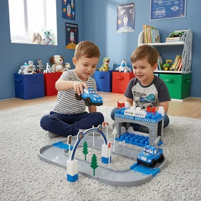 Image de Ogi Mogi Police Car Set for Kids, 52 Pieces Pretend Role Play Toys, Police Station Building Blocks, Construction Playset, Educational Imaginative Kit for Preschool Boys and Girls, +10 Months