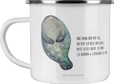 Produktbild von Mr. & Mrs. Panda Emaille Tasse Seekuh Happy - Weiß - Geschenk, Meer, Teetasse, blechbecher, Neuanfang, Freundin, Becher, Pott, Respekt, Neustart, Achtsamkeit, Haferl
