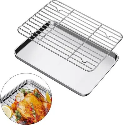 Obrázek produktu pro Plech na pečení s odvodňovací mřížkou – nerezová ocel – 31 x 24 cm – obdélníková forma na pečení a grilování