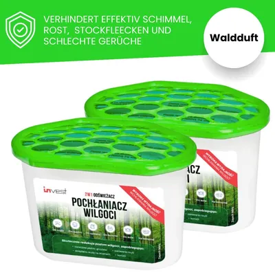 Produktbild von 2x Luftentfeuchter inkl. 2x 230g, klein Raumentfeuchter, Feuchtigkeitsabsorber, Schutz gegen Schimmel & Gerüche, Waldduft