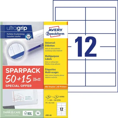 Immagine prodotto di AVERY Zweckform 4781-65 780 AVERY Zweckform Etiketten weiß 97,0 x 42,3 mm