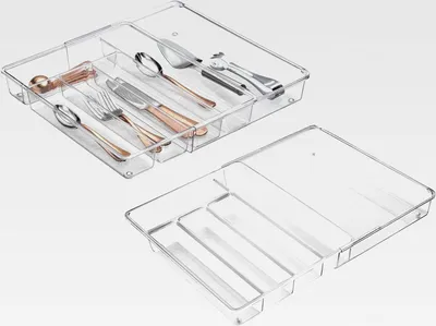 Produktbild von ausziehbarer Besteckkasten für Schublade und Küchenschrank – Küchen Organizer mit sechs Fächern aus BPA-freiem Kunststoff – Schubladeneinsatz für Küche, Bad und Büro – 2er-Set – durchsichtig