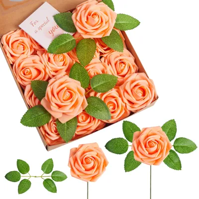 Produktbild von Künstliche Rosen - 16 Stück aus Schaumstoff mit 17 cm Stiel und 6 Blättern - Dekoration für DIY-Blumensträuße und Tischdekoration - Orange