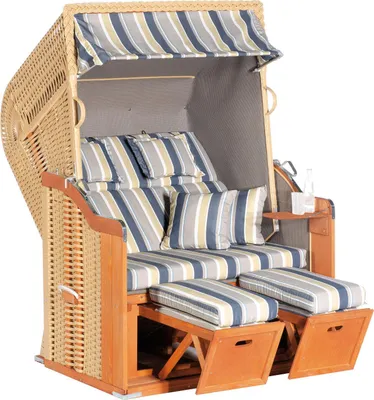 Produktbild von Müsing Strandkorb Sunny Smart Rustikal 255 Plus blau, creme gestreift, weiß, beige Kunststoff, Holz, 9-teilig