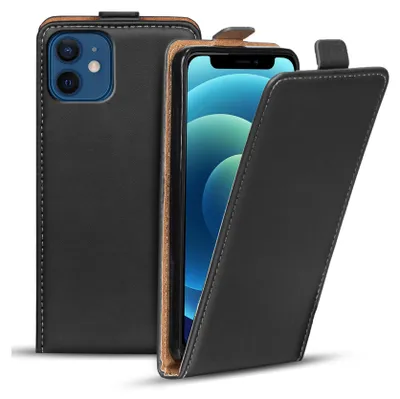 A black flip case for an iPhone 12 Mini is shown, with the phone partially visible inside.