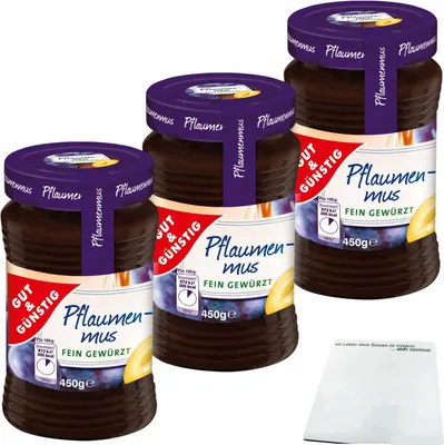 Produktbild von Gut & Günstig Pflaumenmus fein gewürzt 3er Pack (3x450g Glas) + usy Block