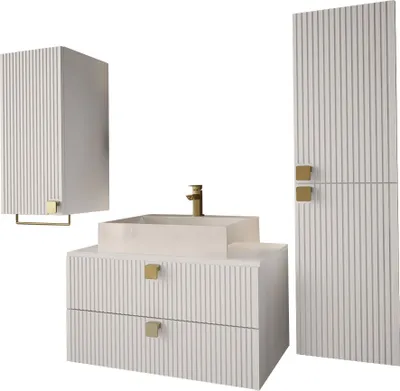 Produktbild von MIRJAN24 Badmöbel-Set Gariano I mit Siphon, Waschbecken, 2x Badezimmerschrank, Waschbeckenschrank, Griffe aus Metall in der Farbe Gold (Farbe: Weiß)