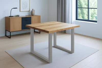 Produktbild von Möbelretoure Esstisch Baumkante 80 x 80 cm Wildeiche U-Gestell silber SERRA