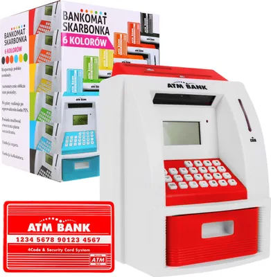 Immagine prodotto di Salvadanaio ATM per bambini dai 3 anni in su, rosso. Funzioni interattive + carta bancomat