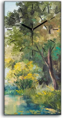 Produktbild von Küche Wohnzimmer Wand Leinwand Uhr 30x60 Ölgemälde Wald Wasser Bäume Himmel - schwarze Hände