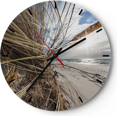 Produktbild von Wanduhr - Rund - Glasuhr - Küste Perspektive Gras - 40x40cm - Schleichendes Uhrwerk - Lautlos - zum Aufhängen bereit - Dekoration Modern - Wanddekoration aus Glas - C3AR40x40-4526