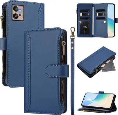 Obrázek produktu pro Pouzdro pro Motorola Moto G32, zipem, peněženkovéPolyuretankožené flip pouzdro s kapsami na karty, stojánkem a poutkem na ruku modrý