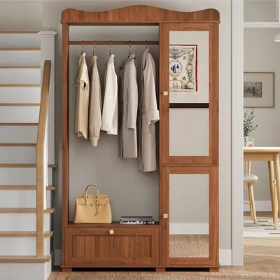 Produktbild von Garderobenschrank mit Spiegel & offener Kleiderstange 115,5 × 38,5 × 194,5 cm – Schuhschrank/Kleiderschrank mit 3 Klapptüren, 2 Schubladen & verstellbaren Regalen (Nussbaum)