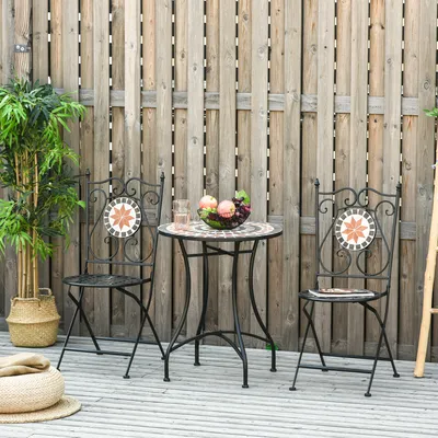 Produktbild von Outsunny Garten Sitzgruppe 3-teilige Mosaiktisch Essgruppe Gartenmöbel-Set 1 Tisch+2 faltbare Stühle Terrasse Metall Mehrfarbing