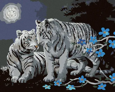 Produktbild von Zuty - Malen nach Zahlen - WEISSER TIGER, BLAUE BLÜTEN UND VOLLMOND (D. RUSTY RUST), 40x50 cm, ohne Keilrahmen