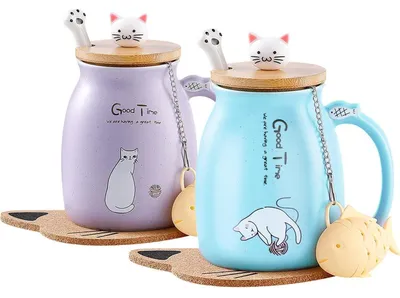 Image de Tasse en céramique avec couvercle et cuillère, 380 ml, violet et bleu