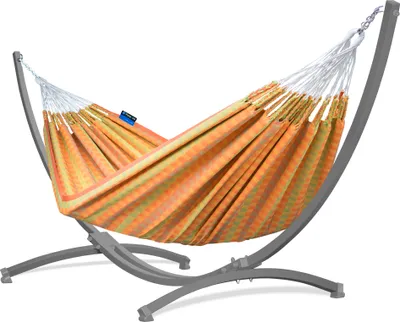 Produktbild von Potenza Outdoor Morena Hängematte mit Gestell für 2 Personen I 100% Baumwolle Doppelhängematte 230x160 cm, 220kg I Grau Hängemattengestell 220kg, wetterfest