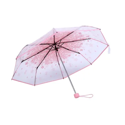Zdjęcie produktu dla 1 sztuka przezroczystego parasola składanego, modny parasol w stylu księżniczki z motywem kwiatów wiśni, # różowy
