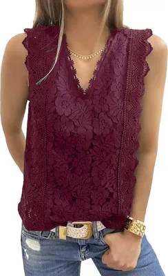 Image de ASKSA Chemise Femme Sans Manches Dentelle T-shirt Elégant Col en V Chemise Eté Hauts Tuniques Blouses Tops , Vin Rouge, M
