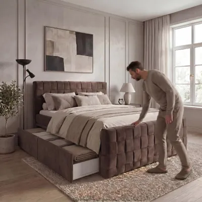 Produktbild von ELVORA DESIGNE Boxspringbett 180x200 cm BOLD mit Bonellfedermatratzen H3 & Topper, 4 Schubladen, Dunkelbraun