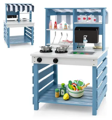 Image de Cuisine de jeu pour enfants - Cuisine d'extérieur en bois - Réversible, avec fonction eau et toit - Bleu - 3 à 6 ans