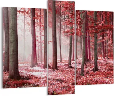 Produktbild von Bild auf Leinwand - Leinwandbild - 3 Teile - Wald Rot Bäume - 95x80cm - Wand Bild - Wanddeko - Wandbilder - Leinwanddruck - Bilder - Wanddekoration - Leinwand bilder - Wandbild - CB95x80-4944