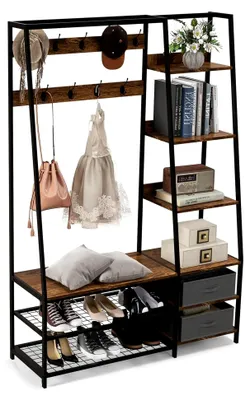 Produktbild von Garderobenständer mit Sitzbank, Kleiderständer mit 6 Ebenen und 9 Haken, Industriegarderobe mit Schubladen und Schuhregal für Eingangsbereich und Schlafzimmer