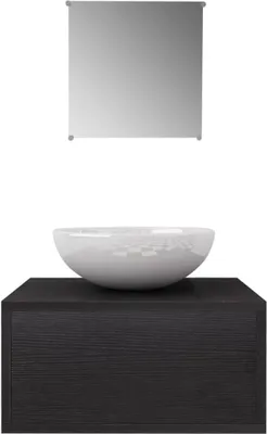 A bathroom vanity set with a mirror, sink, and cabinet.