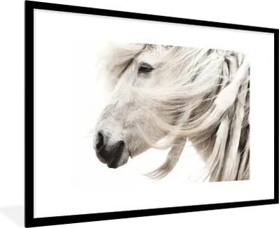 Produktbild von MuchoWow® Gerahmtes Poster Pferd - Grau - Weiß 90x60 cm - Poster mit Schwarzem Bilderrahmen Wandposter Rahmen Foto Bilder - Wanddekoration - Fotos