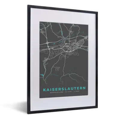 Produktbild von MuchoWow® Gerahmtes Poster Karte - Kaiserslautern - Blau - Stadtplan - Deutschland 30x40 cm - Poster mit Schwarzem Bilderrahmen Wandposter Rahmen Foto Bilder - Wandposter Schlafzimmer