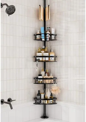 Immagine prodotto di Uniqoos® Portaoggetti angolare in acciaio inossidabile per doccia – con barra regolabile e ripiani, portaspazzolino, porta asciugamani, installazione senza foratura