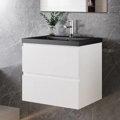 Produktbild von 60 cm Badmöbel-Set Unterschrank mit Schwarz Mineralguss waschtisch 2 Schubladen soft-close Weiß Matt Selbstmontierter
