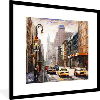 Produktbild von MuchoWow® Gerahmtes Poster Gemälde - Stadt - Auto - Öl 40x40 cm - Poster mit Schwarzem Bilderrahmen Wandposter Rahmen Foto Bilder - Poster - Plakat im Rahmen
