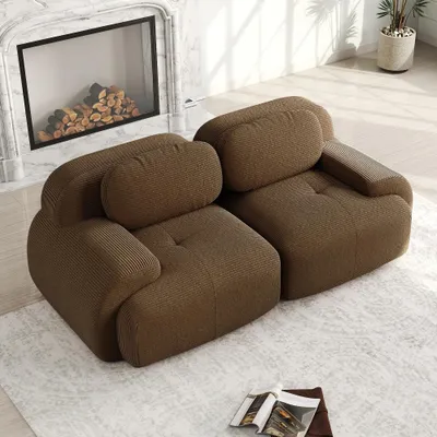Imagen del producto de Sofá de dos plazas tapizado en tela de cuerda, sofá modular de esquina en color marrón, diseño sin marco con espuma de alta densidad 32D, reposabrazos curvos, dimensiones: 208x103x70 cm