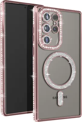 A rose gold phone case with diamond accents and a MagSafe ring is shown on a gray background.